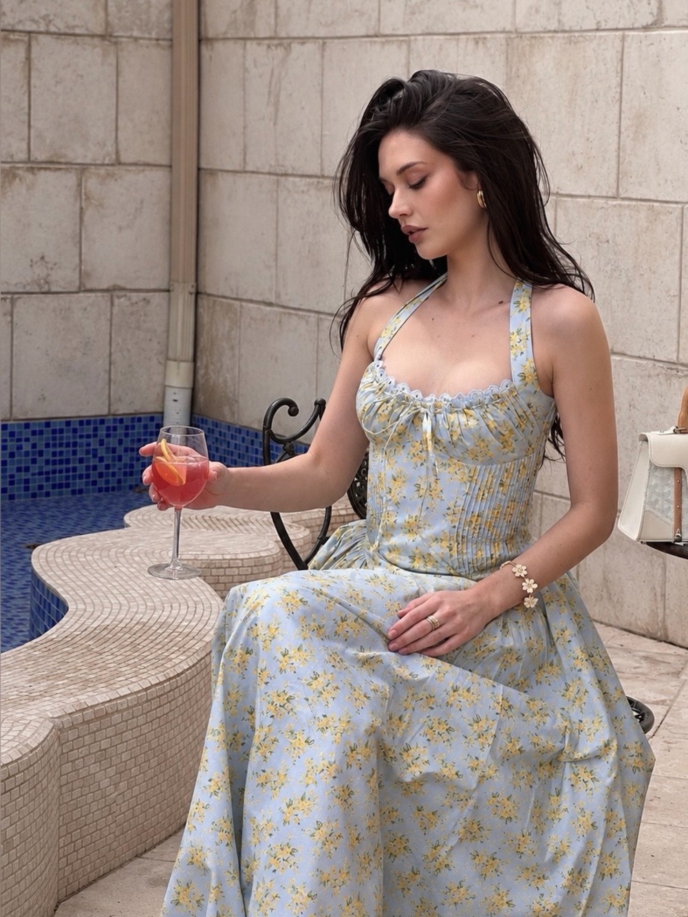 🇺🇸Firm Price🇺🇸ADABELLA Soft Blue Vintage Floral Print Cotton Halter Sundress